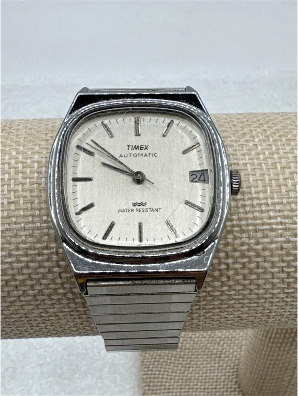 Timex Viscount Calendar Watch 34523 10888 Wind Up Silver Expansion Band Square